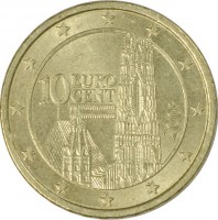 Austria coin 10 Euro Cent - 2'nd Map (2008 - 2015) obverse obverse of 10 Euro Cent - 2'nd Map (2008 - 2015) coin with KM# 3139 from Austria. Inscription: 10 EURO CENT 2008