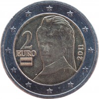 obverse of 2 Euro - 2'nd Map (2008 - 2015) coin with KM# 3143 from Austria. Inscription: 2 EURO 2011