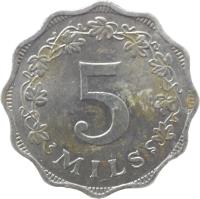 reverse of 5 Mils (1972 - 1981) coin with KM# 7 from Malta. Inscription: 5 MILS