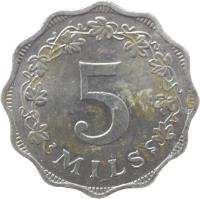 Malta coin 5 Mils (1972 - 1981) reverse reverse of 5 Mils (1972 - 1981) coin with KM# 7 from Malta. Inscription: 5 MILS