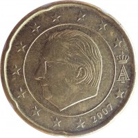 obverse of 20 Euro Cent - Albert II - 2'nd Map; 1'st Type; 1'st Portrait (2007) coin with KM# 243 from Belgium. Inscription: A II 2007