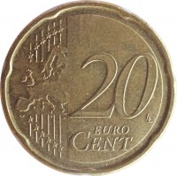 reverse of 20 Euro Cent - Albert II - 2'nd Map; 1'st Type; 1'st Portrait (2007) coin with KM# 243 from Belgium. Inscription: 20 EURO CENT LL