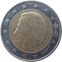 Belgium coin 2 Euro - Albert II - 2'nd Map; 1'st Type; 1'st Portrait (2007) obverse obverse of 2 Euro - Albert II - 2'nd Map; 1'st Type; 1'st Portrait (2007) coin with KM# 246 from Belgium. Inscription: A II 2007
