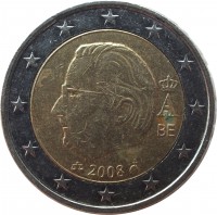 Belgium coin 2 Euro - Albert II - 2'nd Map; 2'nd Type; 2'nd Portrait (2008) obverse obverse of 2 Euro - Albert II - 2'nd Map; 2'nd Type; 2'nd Portrait (2008) coin with KM# 281 from Belgium. Inscription: BE 2008