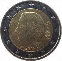 obverse of 2 Euro - Albert II - 2'nd Map; 2'nd Type; 2'nd Portrait (2008) coin with KM# 281 from Belgium. Inscription: BE 2008