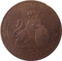 reverse of 5 Centimos - Provisional Government (1870) coin with KM# 662 from Spain. Inscription: DOSCIENTAS PIEZAS EN KILOG. CINCO CENTIMOS OM