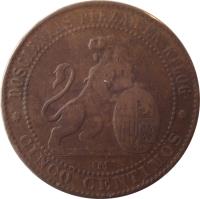 Spain coin 5 Centimos - Provisional Government (1870) reverse reverse of 5 Centimos - Provisional Government (1870) coin with KM# 662 from Spain. Inscription: DOSCIENTAS PIEZAS EN KILOG. CINCO CENTIMOS OM