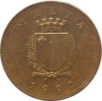 obverse of 1 Cent (1991 - 2007) coin with KM# 93 from Malta. Inscription: MALTA REPUBLIKA TA'MALTA 1995