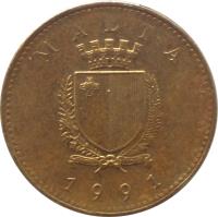 Malta coin 1 Cent (1991 - 2007) obverse obverse of 1 Cent (1991 - 2007) coin with KM# 93 from Malta. Inscription: MALTA REPUBLIKA TA'MALTA 1995