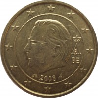 obverse of 50 Euro Cent - Albert II - 2'nd Map; 2'nd Type; 2'nd Portrait (2008) coin with KM# 279 from Belgium. Inscription: A II 2008 BE