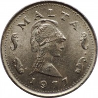 obverse of 2 Cents (1972 - 1982) coin with KM# 9 from Malta. Inscription: MALTA 1977