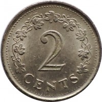 reverse of 2 Cents (1972 - 1982) coin with KM# 9 from Malta. Inscription: 2 CENTS