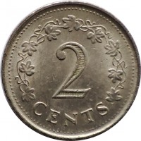 Malta coin 2 Cents (1972 - 1982) reverse reverse of 2 Cents (1972 - 1982) coin with KM# 9 from Malta. Inscription: 2 CENTS