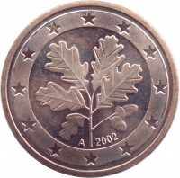 obverse of 5 Euro Cent (2002 - 2015) coin with KM# 209 from Germany. Inscription: A 2002