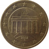 obverse of 50 Euro Cent - 1'st Map (2002 - 2006) coin with KM# 212 from Germany. Inscription: 2002 D