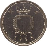 obverse of 2 Cents (1991 - 2007) coin with KM# 94 from Malta. Inscription: MALTA REPUBLIKA TA'MALTA 1998