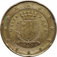 obverse of 20 Euro Cent - 2'nd Map (2008 - 2015) coin with KM# 129 from Malta. Inscription: MALTA 2008 REPUBBLIKA TA' MALATA