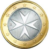 obverse of 1 Euro - 2'nd Map (2008 - 2015) coin with KM# 131 from Malta. Inscription: M A L T A 2008 F