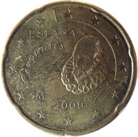 obverse of 20 Euro Cent - Juan Carlos I - 2'nd Map; 1'st Type (2007 - 2009) coin with KM# 1071 from Spain. Inscription: ESPAÑA Cervantes M 2009