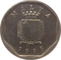 Malta coin 5 Cents (1991 - 2007) obverse obverse of 5 Cents (1991 - 2007) coin with KM# 95 from Malta. Inscription: MALTA REPUBLIKA TA'MALTA 1998