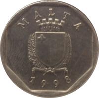 obverse of 5 Cents (1991 - 2007) coin with KM# 95 from Malta. Inscription: MALTA REPUBLIKA TA'MALTA 1998