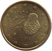 Spain coin 10 Euro Cent - Juan Carlos I - 2'nd Map; 2'nd Type (2010 - 2016) obverse obverse of 10 Euro Cent - Juan Carlos I - 2'nd Map; 2'nd Type (2010 - 2016) coin with KM# 1147 from Spain. Inscription: ESPAÑA Cervantes M 2014