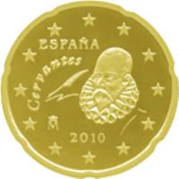 obverse of 20 Euro Cent - Juan Carlos I - 2'nd Map; 2'nd Type (2010 - 2015) coin with KM# 1148 from Spain. Inscription: Cervantes ESPAÑA 2010 M