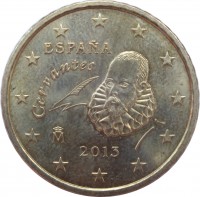 obverse of 50 Euro Cent - Juan Carlos I - 2'nd Map; 2'nd Type (2010 - 2017) coin with KM# 1149 from Spain. Inscription: ESPAÑA Cervantes M 2013