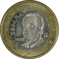 obverse of 1 Euro - Juan Carlos I - 2'nd Map; 2'nd Type (2010 - 2015) coin with KM# 1150 from Spain. Inscription: ESPANA M 2011