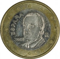 Spain coin 1 Euro - Juan Carlos I - 2'nd Map; 2'nd Type (2010 - 2015) obverse obverse of 1 Euro - Juan Carlos I - 2'nd Map; 2'nd Type (2010 - 2015) coin with KM# 1150 from Spain. Inscription: ESPANA M 2011