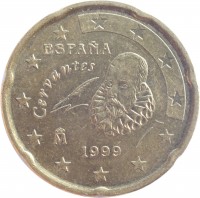 Spain coin 20 Euro Cent - Juan Carlos I - 1'st Map; 1'st Type (1999 - 2006) obverse obverse of 20 Euro Cent - Juan Carlos I - 1'st Map; 1'st Type (1999 - 2006) coin with KM# 1044 from Spain. Inscription: Cervantes ESPAÑA 1999 M