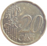Spain coin 20 Euro Cent - Juan Carlos I - 1'st Map; 1'st Type (1999 - 2006) reverse reverse of 20 Euro Cent - Juan Carlos I - 1'st Map; 1'st Type (1999 - 2006) coin with KM# 1044 from Spain. Inscription: 20 EURO CENT LL