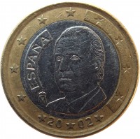 obverse of 1 Euro - Juan Carlos I - 1'st Map; 1'st Type (1999 - 2006) coin with KM# 1046 from Spain. Inscription: ESPAÑA M 20 02