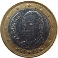 Spain coin 1 Euro - Juan Carlos I - 1'st Map; 1'st Type (1999 - 2006) obverse obverse of 1 Euro - Juan Carlos I - 1'st Map; 1'st Type (1999 - 2006) coin with KM# 1046 from Spain. Inscription: ESPAÑA M 20 02