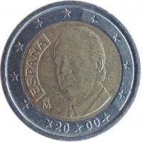 Spain coin 2 Euro - Juan Carlos I - 1'st Map; 1'st Type (1999 - 2006) obverse obverse of 2 Euro - Juan Carlos I - 1'st Map; 1'st Type (1999 - 2006) coin with KM# 1047 from Spain. Inscription: ESPAÑA M 20 00