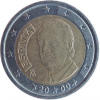 obverse of 2 Euro - Juan Carlos I - 1'st Map; 1'st Type (1999 - 2006) coin with KM# 1047 from Spain. Inscription: ESPAÑA M 20 00