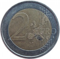 Spain coin 2 Euro - Juan Carlos I - 1'st Map; 1'st Type (1999 - 2006) reverse reverse of 2 Euro - Juan Carlos I - 1'st Map; 1'st Type (1999 - 2006) coin with KM# 1047 from Spain. Inscription: 2 EURO LL