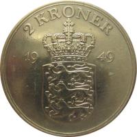 reverse of 2 Kroner - Frederik IX (1947 - 1960) coin with KM# 838 from Denmark. Inscription: 2 KRONER 19 47