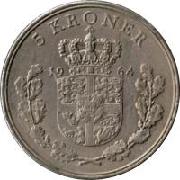 Denmark coin 5 Kroner - Frederik IX (1960 - 1972) reverse reverse of 5 Kroner - Frederik IX (1960 - 1972) coin with KM# 853 from Denmark. Inscription: 5 KRONER 19 61
