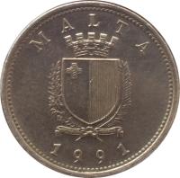 obverse of 10 Cents (1991 - 2007) coin with KM# 96 from Malta. Inscription: MALTA 1998