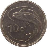 reverse of 10 Cents (1991 - 2007) coin with KM# 96 from Malta. Inscription: 10c