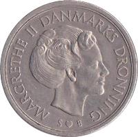Denmark coin 5 Kroner - Margrethe II (1973 - 1988) obverse obverse of 5 Kroner - Margrethe II (1973 - 1988) coin with KM# 863 from Denmark. Inscription: MARGRETHE II DANMARKS DRONNING S ♥ B