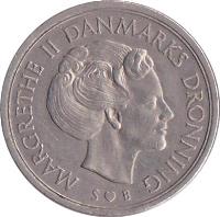 obverse of 5 Kroner - Margrethe II (1973 - 1988) coin with KM# 863 from Denmark. Inscription: MARGRETHE II DANMARKS DRONNING S ♥ B