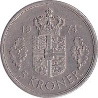 Denmark coin 5 Kroner - Margrethe II (1973 - 1988) reverse reverse of 5 Kroner - Margrethe II (1973 - 1988) coin with KM# 863 from Denmark. Inscription: 19 73 5 KRONER