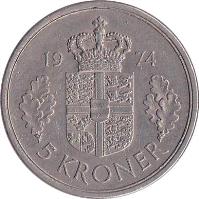 reverse of 5 Kroner - Margrethe II (1973 - 1988) coin with KM# 863 from Denmark. Inscription: 19 73 5 KRONER