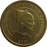 Denmark coin 10 Kroner - Margrethe II - 1'st Coat of Arms; 4'th Portrait (2001 - 2002) obverse obverse of 10 Kroner - Margrethe II - 1'st Coat of Arms; 4'th Portrait (2001 - 2002) coin with KM# 887 from Denmark. Inscription: MARGRETHE II ♥ DANMARKS DRONNING
