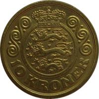 Denmark coin 10 Kroner - Margrethe II - 1'st Coat of Arms; 4'th Portrait (2001 - 2002) reverse reverse of 10 Kroner - Margrethe II - 1'st Coat of Arms; 4'th Portrait (2001 - 2002) coin with KM# 887 from Denmark. Inscription: 10 KRONER