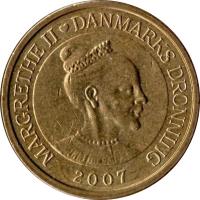 obverse of 10 Kroner - Margrethe II - 2'nd Coat of Arms; 4'th Portrait (2004 - 2010) coin with KM# 896 from Denmark. Inscription: MARGRETHE II DANMARKS DRONNING
