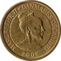 Denmark coin 10 Kroner - Margrethe II - 2'nd Coat of Arms; 4'th Portrait (2004 - 2010) obverse obverse of 10 Kroner - Margrethe II - 2'nd Coat of Arms; 4'th Portrait (2004 - 2010) coin with KM# 896 from Denmark. Inscription: MARGRETHE II DANMARKS DRONNING