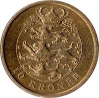 Denmark coin 10 Kroner - Margrethe II - 2'nd Coat of Arms; 4'th Portrait (2004 - 2010) reverse reverse of 10 Kroner - Margrethe II - 2'nd Coat of Arms; 4'th Portrait (2004 - 2010) coin with KM# 896 from Denmark. Inscription: 10 KRONER